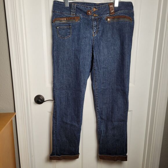 Marc Aurel Jeans Womans US 16 Blue Denim Leather Cuff Bootcut Western Cowgirl - Picture 1 of 16